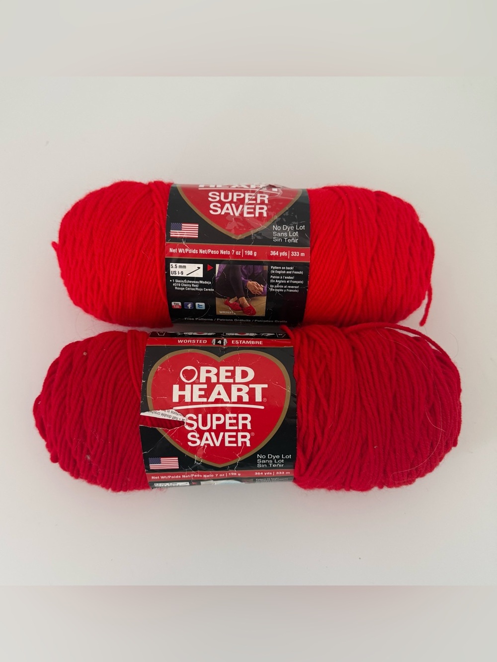 Lot of 2 Red Heart Super Saver Yarn Hot Red & Cherry Red Medium #4 Worsted 7 oz